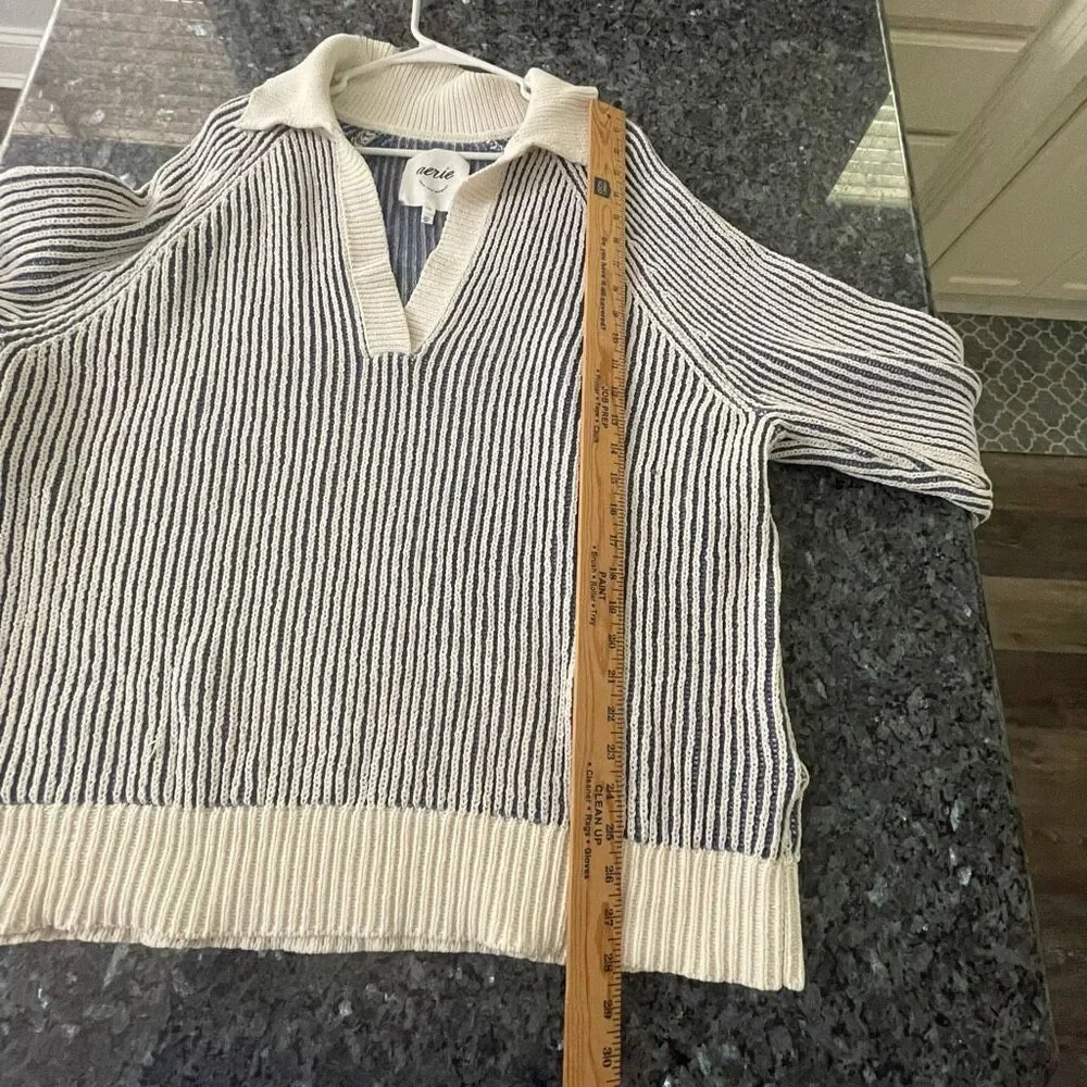 Aerie Striped Knit Collared Sweater Size Large Blue Cream Pullover - Picture 5 of 8